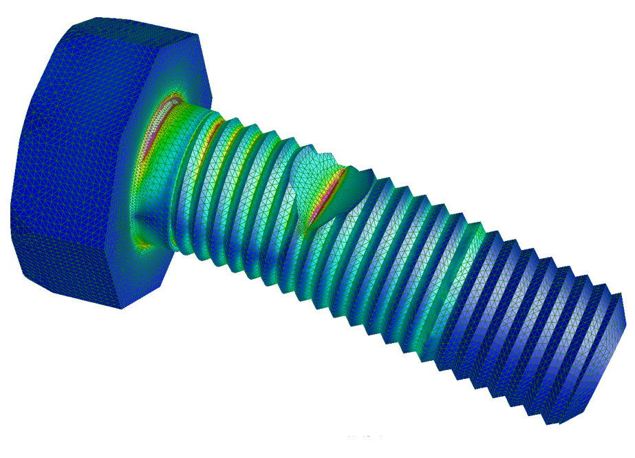 A 3D finite element analysis (FEA) model of a bolt showing stress distribution through a color-coded contour map on a triangular mesh.