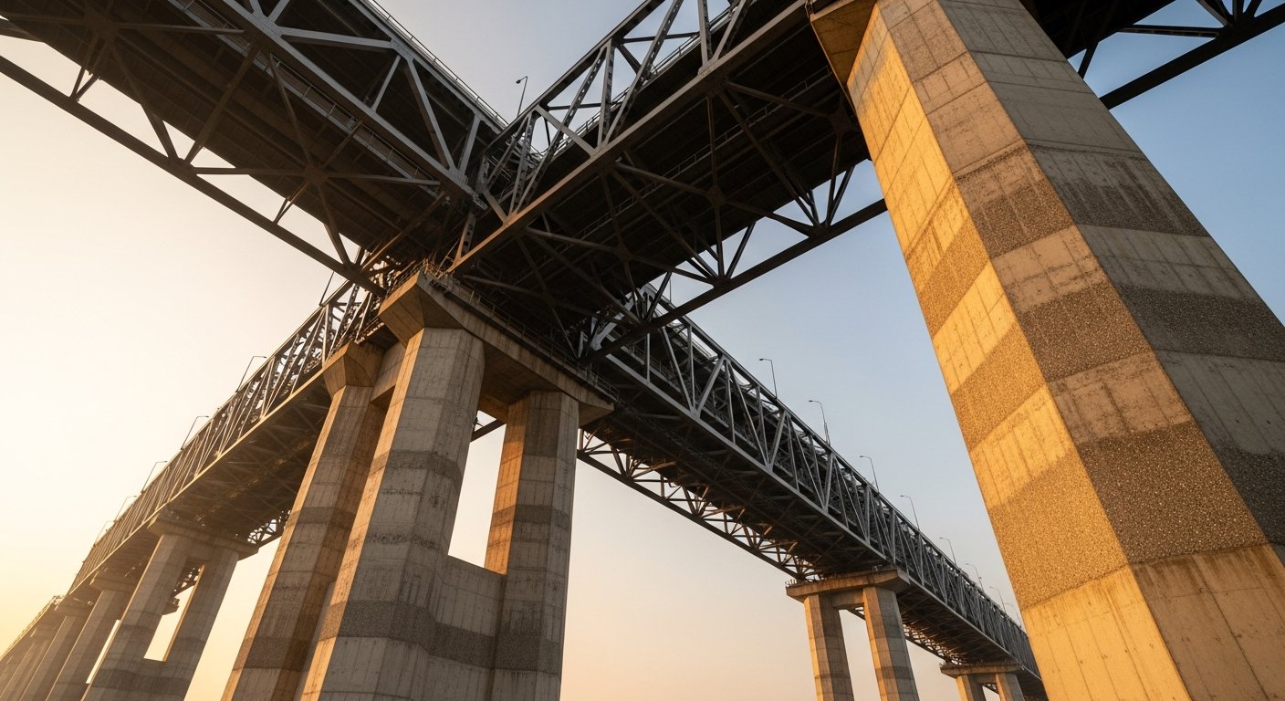 Structural steel and concrete building frame against a clean sky